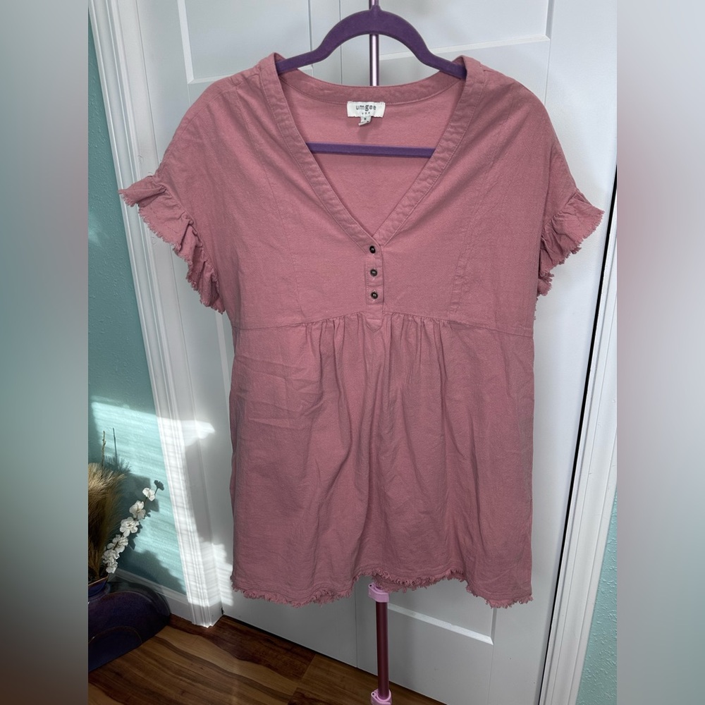 Umgee women’s Medium ruffle sleeves homestead cottage core pink tunic shirt